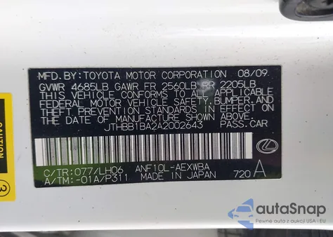 2010 Lexus Hs 250H Premium z USA, uszkodzony, nr VIN JTHBB1BA2A2002643